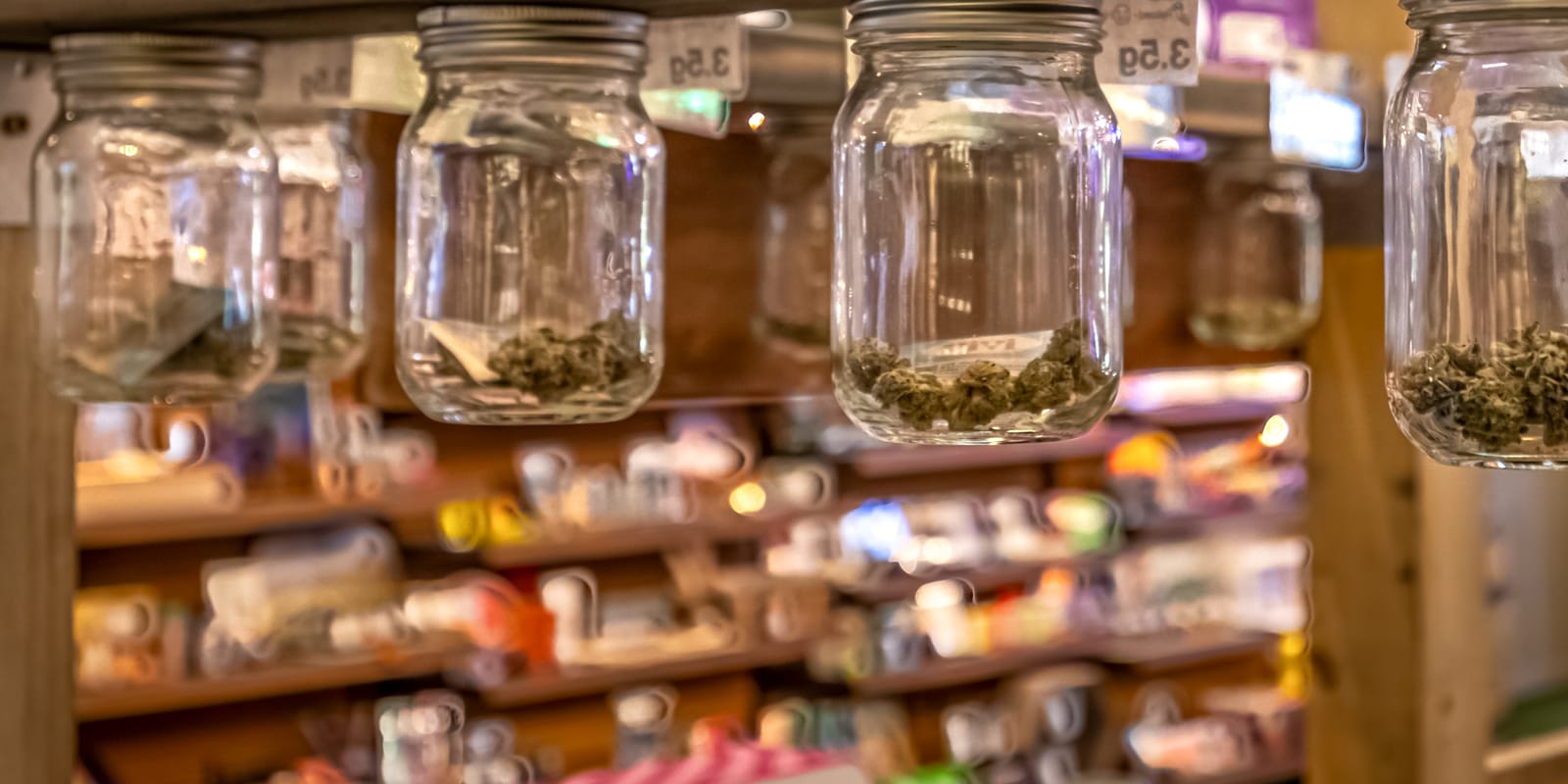 Glass jars of cannabis flower hanging under a wooden shelf at the Farmers Choice New Paltz counter
