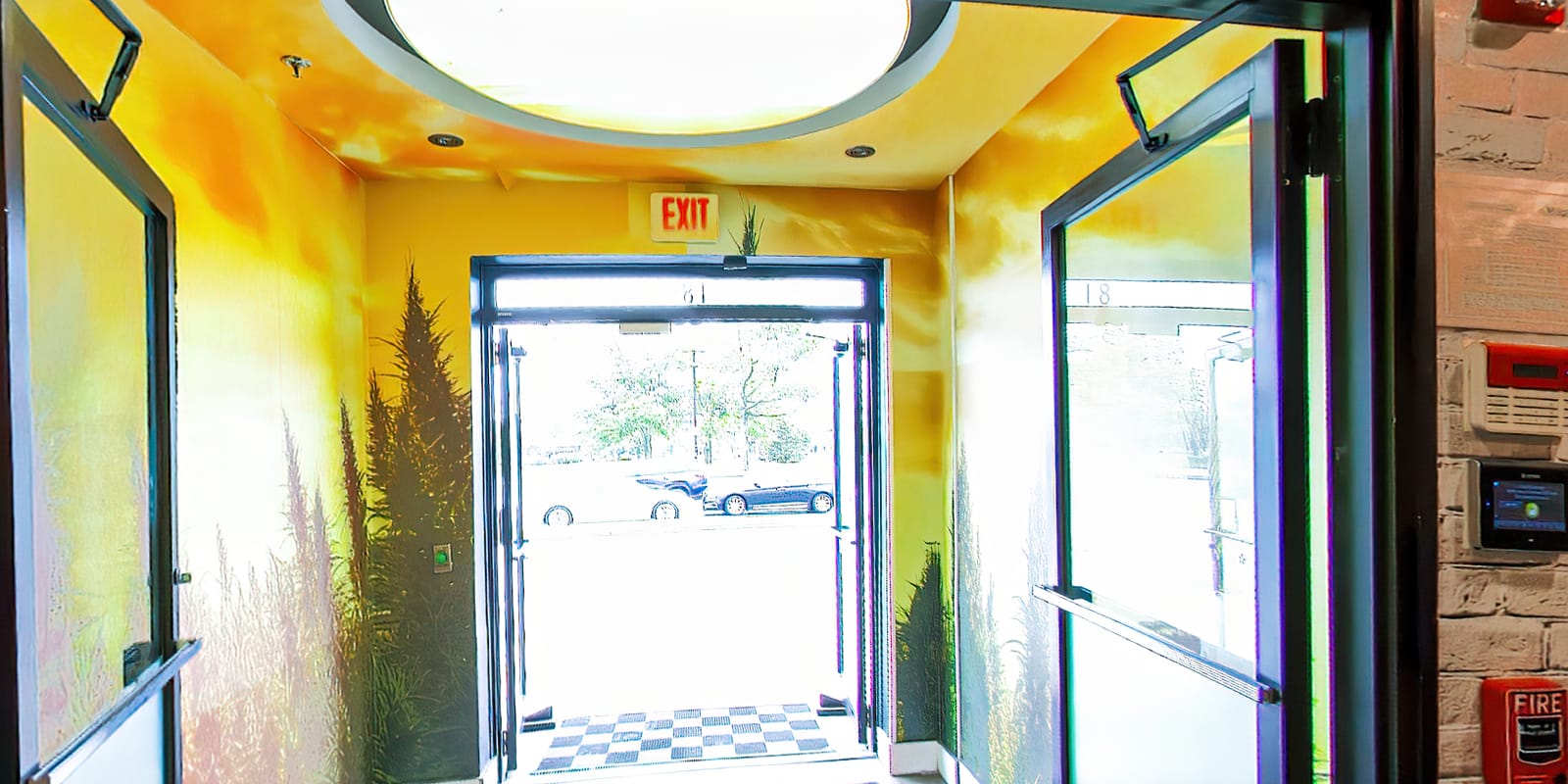 The glass entrance doors of Farmers Choice Fishkill seen from inside the entry, sunflower-yellow walls and a field mural on either side
