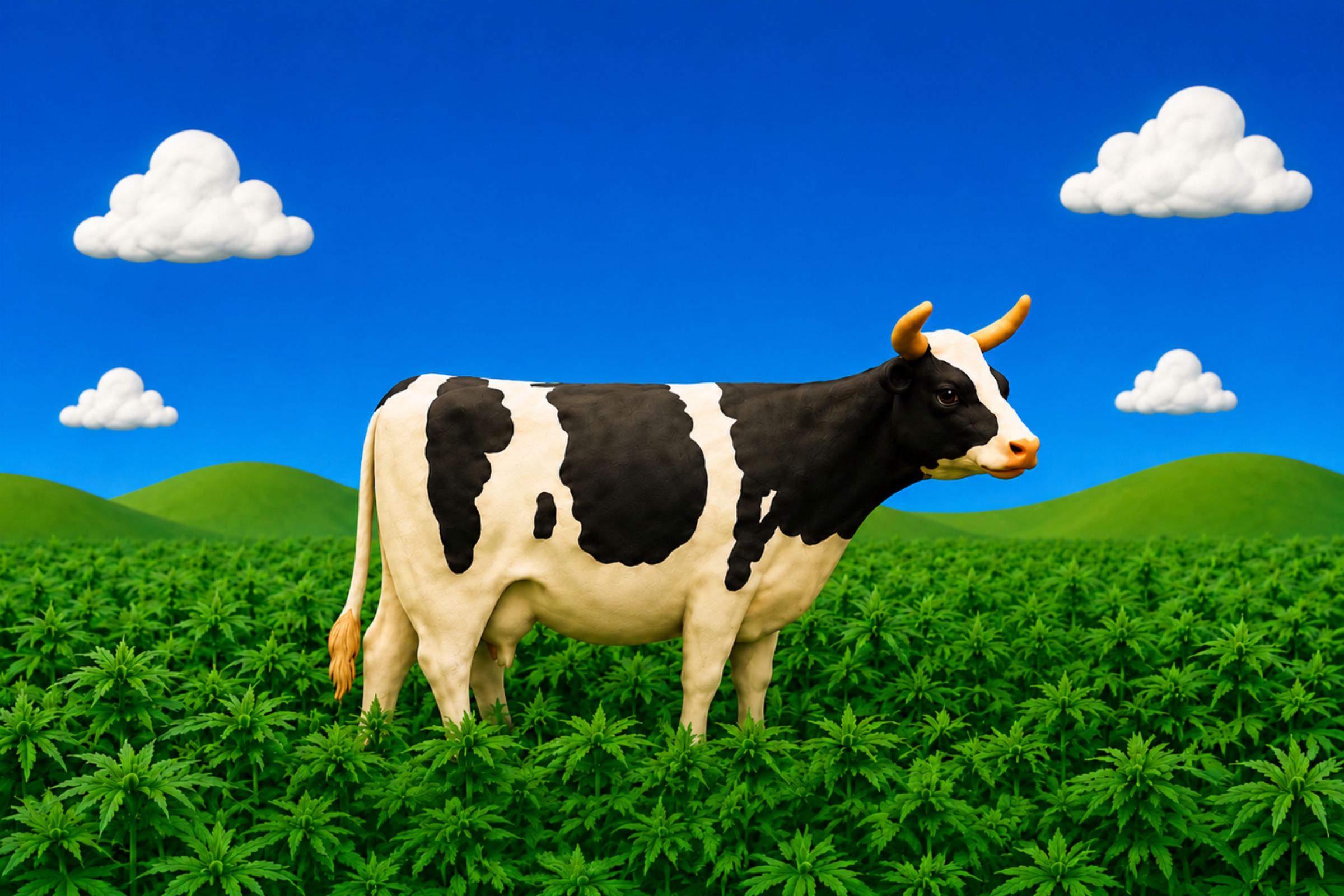 Maybelline, the Farmers Choice cow, standing in a bright stylized cannabis field under a blue sky