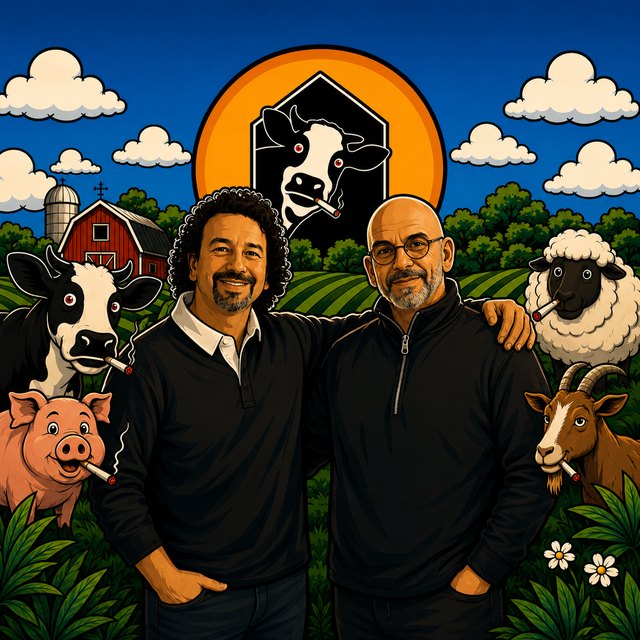 Illustrated portrait of the two Farmers Choice owners on the farm, with Maybelline and the barn behind them