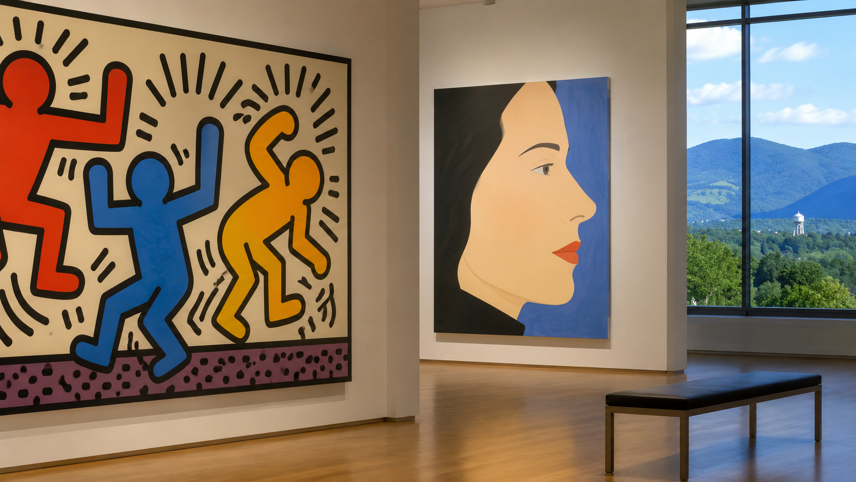 Modern art gallery in New Paltz featuring colorful pop art inspired by Keith Haring and a minimalist portrait inspired by Alex Katz during Upstate Art Weekend.