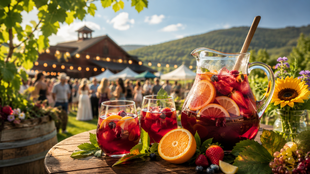 A vibrant summer winery festival featuring a pitcher and glasses of fresh fruit sangria on a rustic table with a lively vineyard gathering, string lights, and rolling hills in the background.