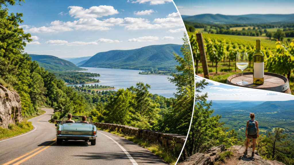 Scenic Hudson Valley road trip featuring a winding mountain road near New Paltz, panoramic hiking views, and a picturesque vineyard with wine, showcasing outdoor adventures, trails, and winery experiences under a bright summer sky.
